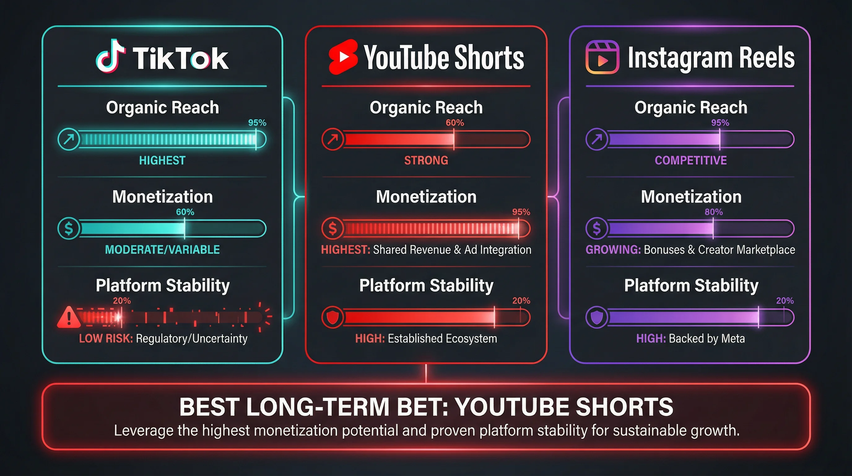 Side-by-side comparison of TikTok, YouTube Shorts, and Instagram Reels showing reach, monetization, and platform stability ratings for creators in 2026