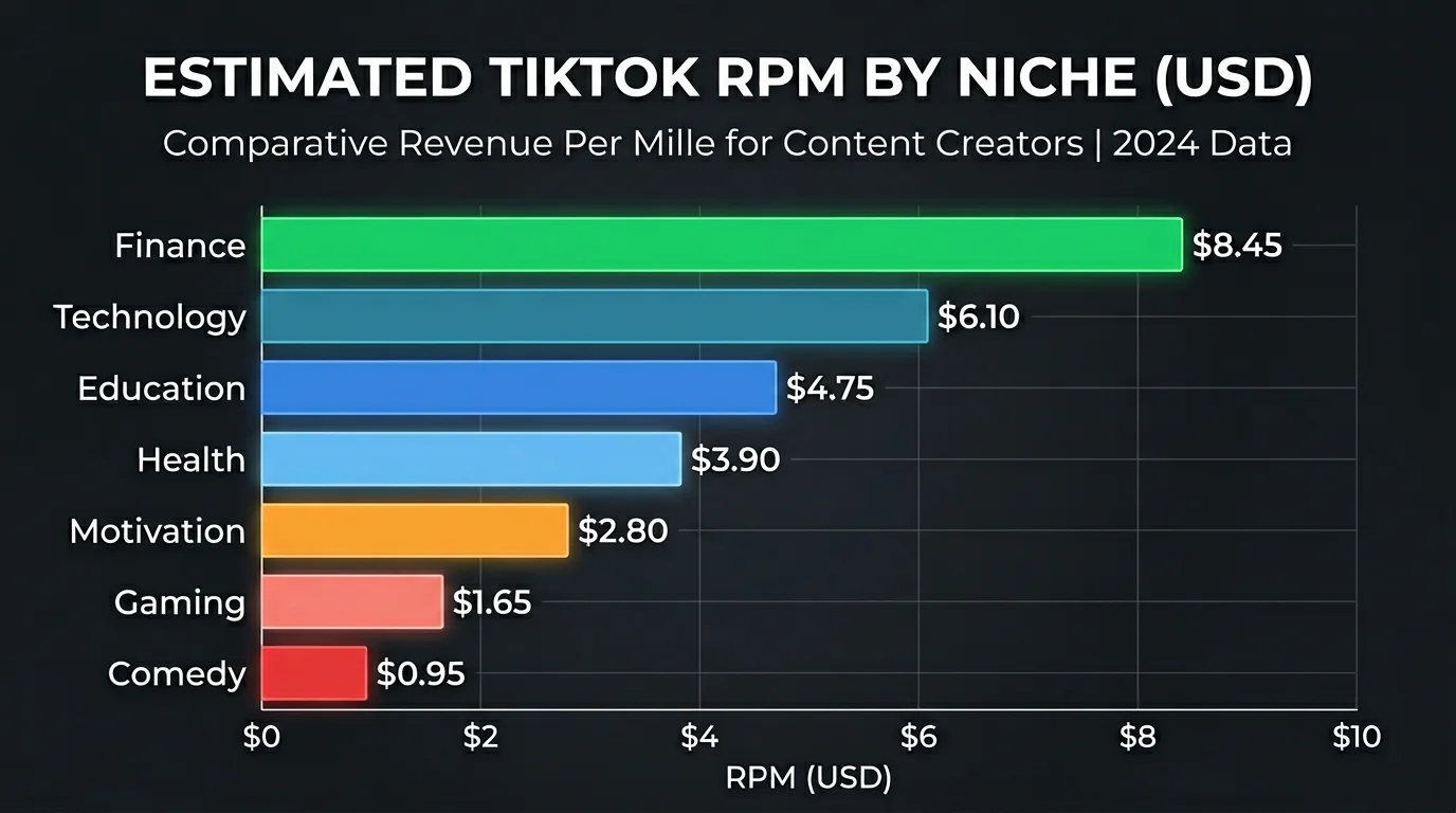 TikTok RPM by niche — Finance pays highest, Comedy pays lowest