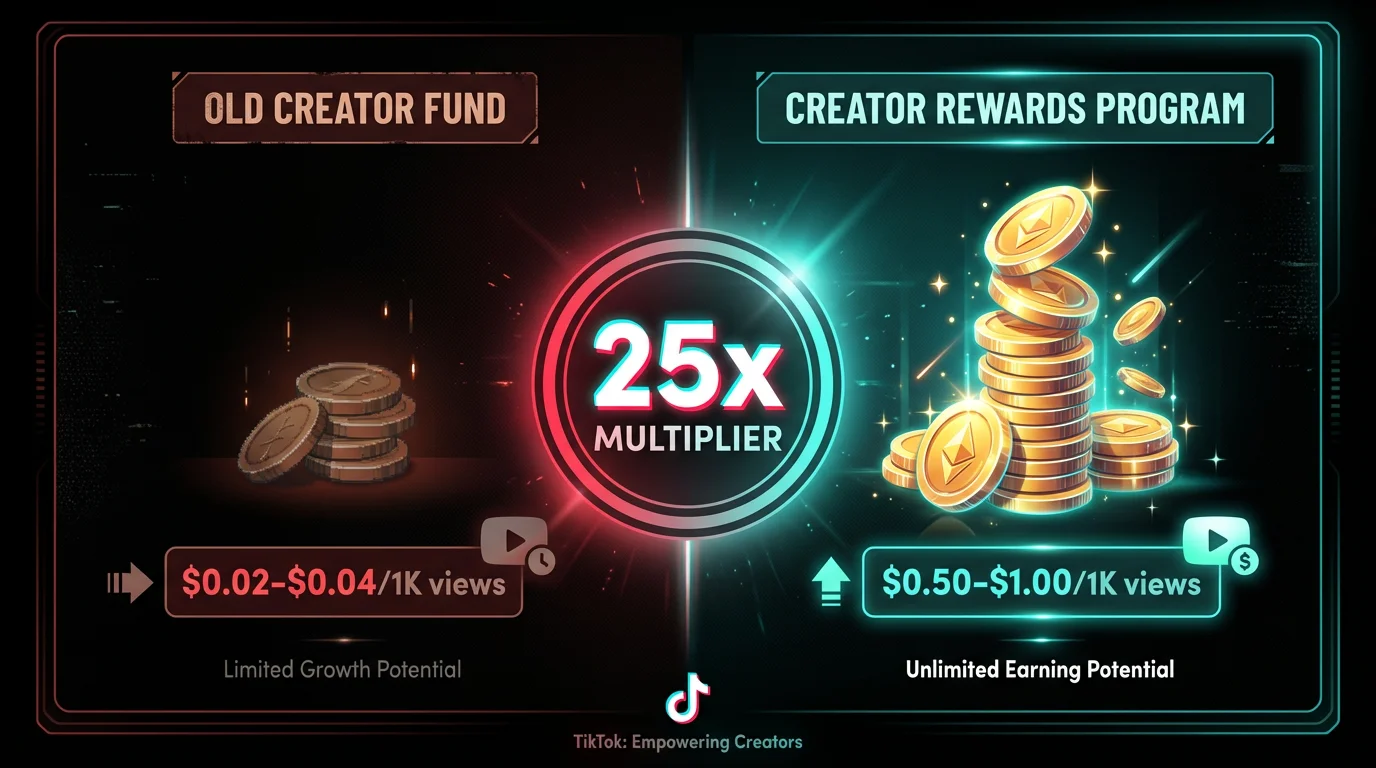 Comparison of TikTok Creator Fund paying $0.02-0.04 per 1K views versus Creator Rewards Program paying $0.50-1.00 per 1K views