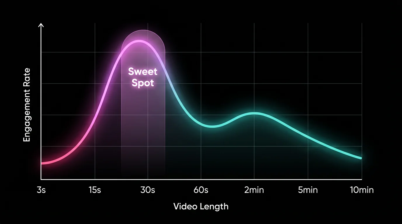 Graph showing TikTok engagement peaks at 21-34 seconds video length with a secondary bump at 1-3 minutes