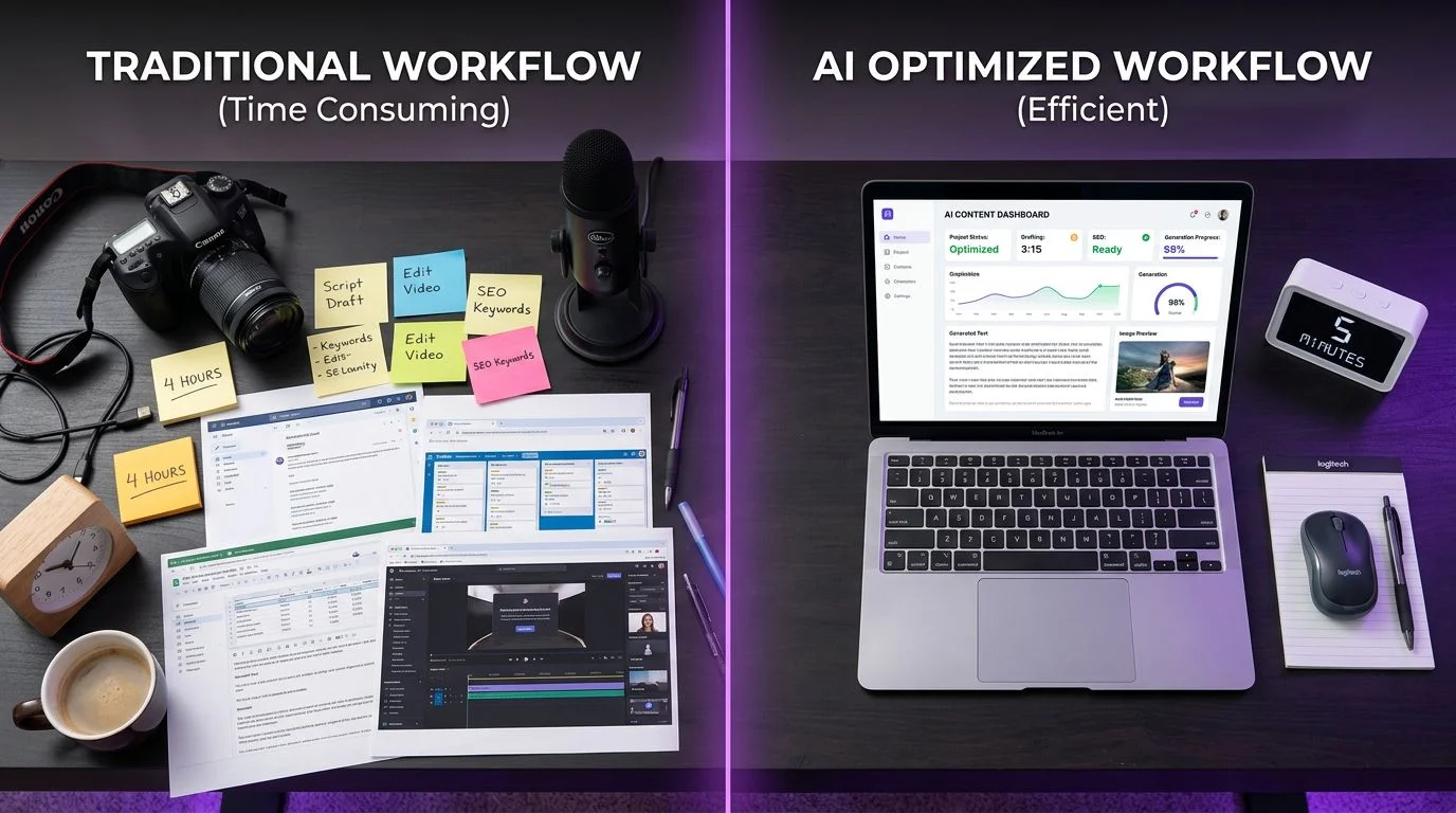 Infographic comparing DIY faceless video workflow taking 4 hours versus FlowShorts automated workflow taking 5 minutes
