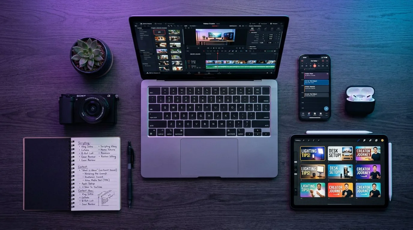 Creator workspace flat-lay with laptop showing video creation dashboard surrounded by tools and devices on a dark desk with purple lighting