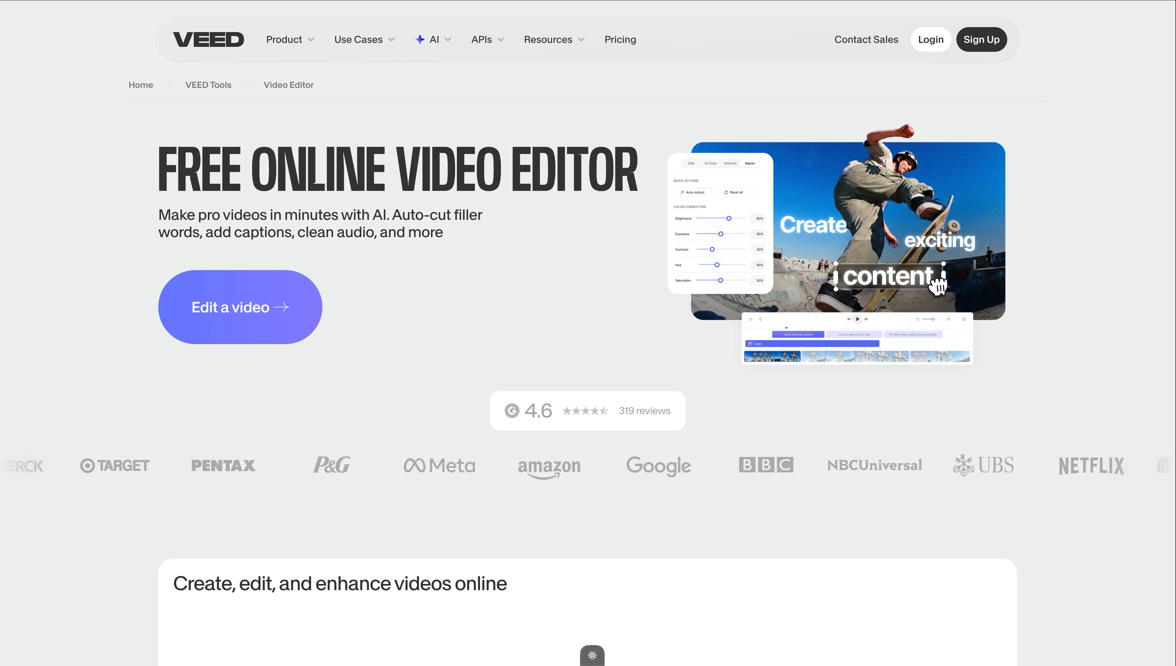 Veed.io Free Online Video Editor page showing AI editing features with enterprise client logos including Target, Meta, Amazon, Google, BBC, NBCUniversal, and Netflix