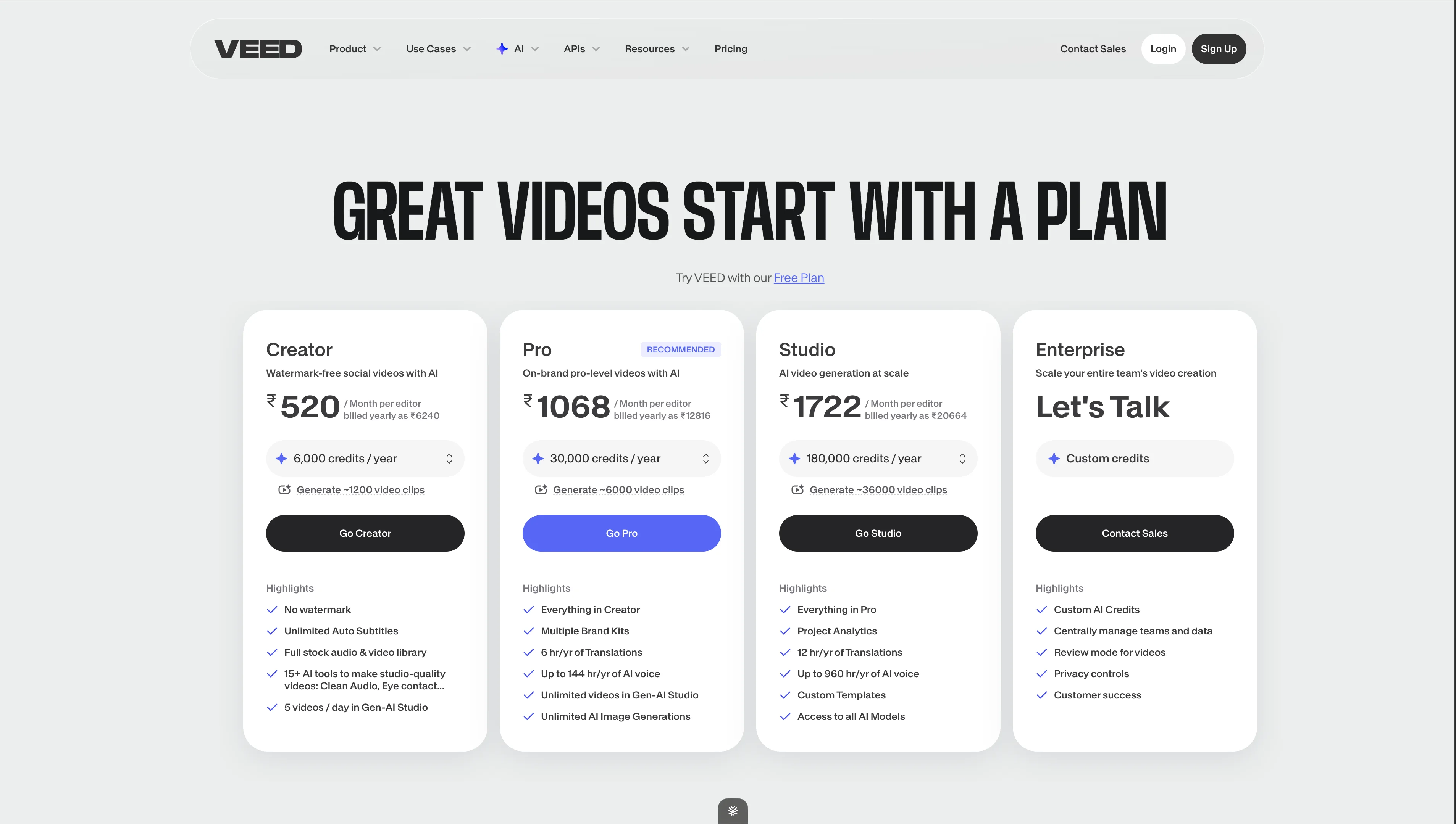 Veed.io pricing page showing four tiers: Creator at ₹520/month, Pro at ₹1068/month (recommended), Studio at ₹1722/month, and Enterprise with custom pricing