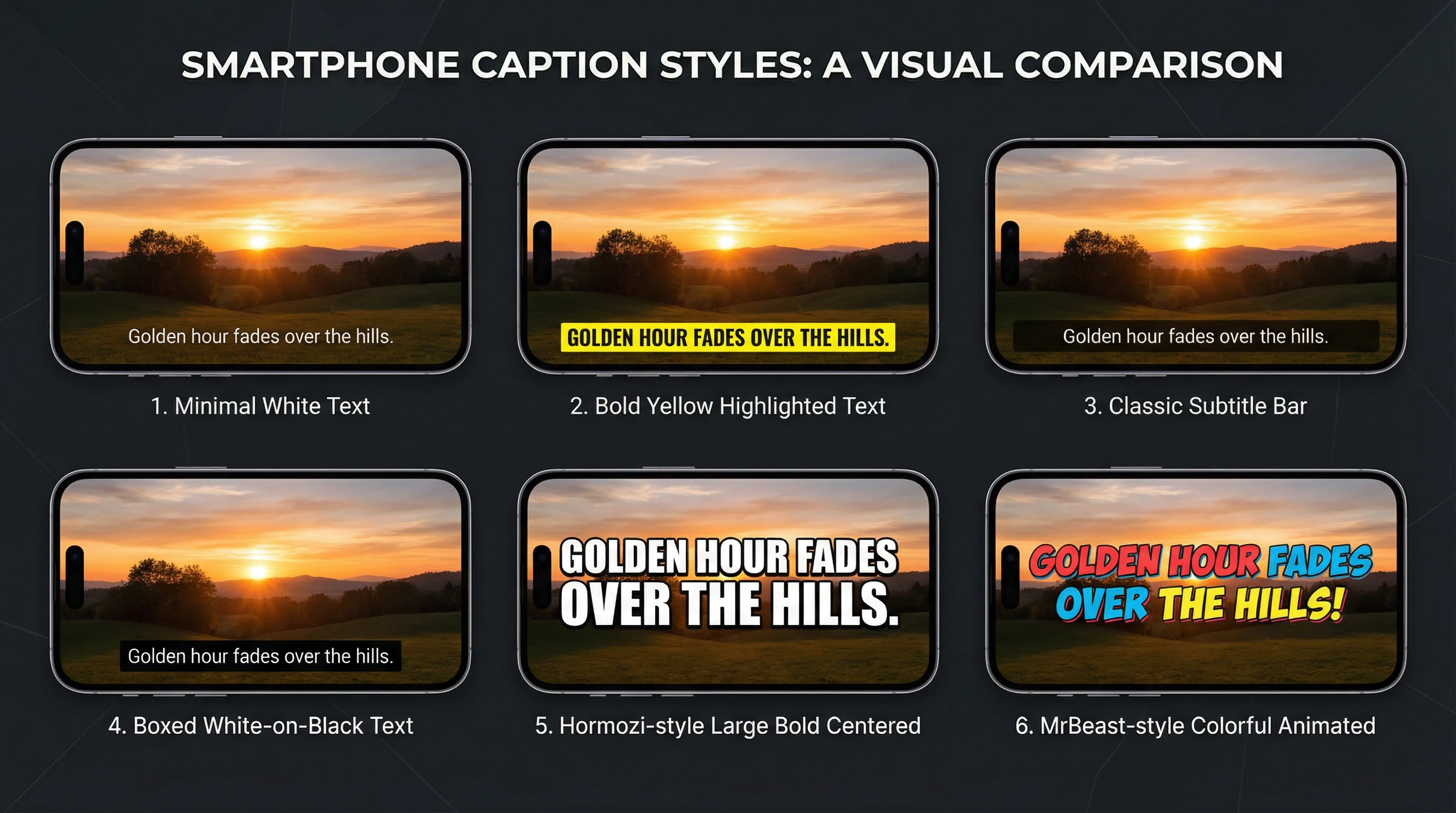 Side-by-side comparison of six popular caption styles: minimal, bold, classic, boxed, hormozi, and MrBeast style animated captions