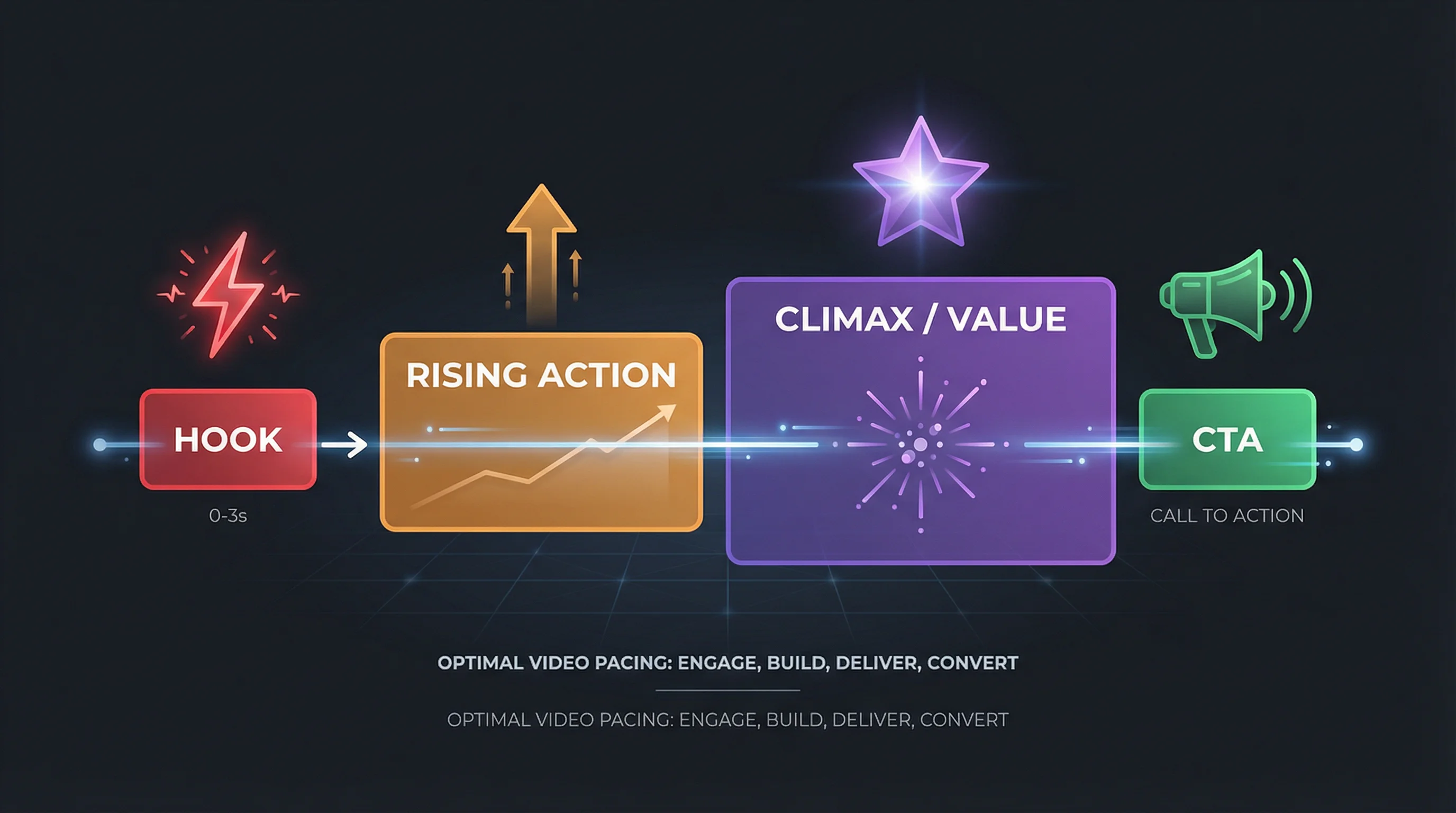 Visual diagram showing short-form video structure: hook in first second, rising action with visual changes every 2-3 seconds, climax with value delivery, and ending with CTA or loop