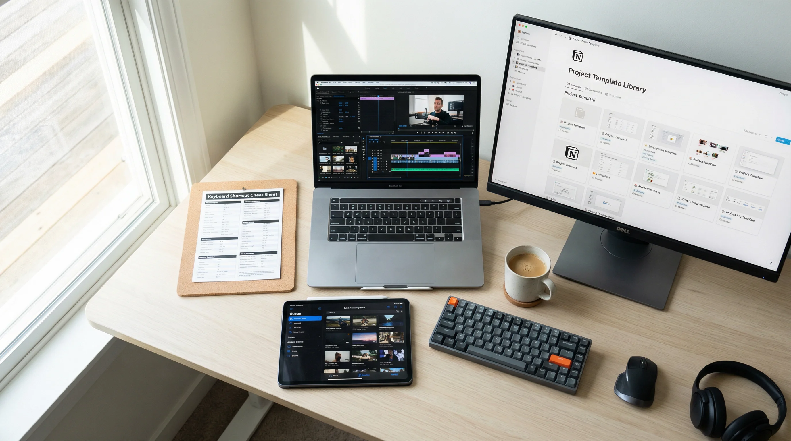 Organized pro video editing workspace showing efficient multi-pass workflow with keyboard shortcuts, template timelines, and batch processing