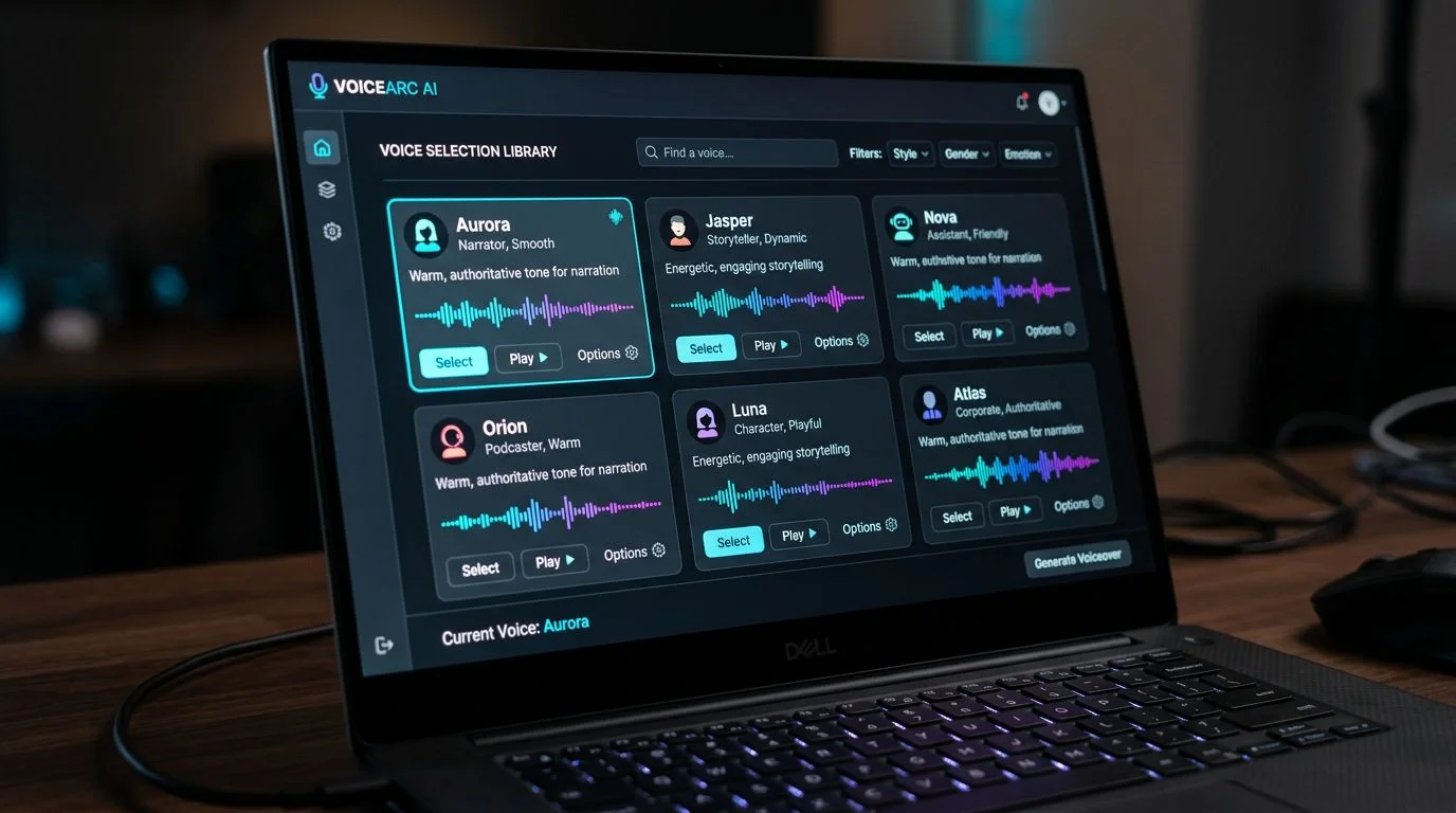 AI voice selection interface showing multiple voice character options with waveform previews and tone labels on a dark-themed software UI