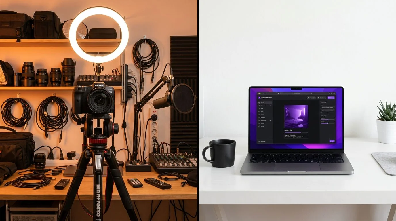 Split comparison: expensive camera and studio lighting setup versus a minimalist laptop with AI software, showing the cost difference between traditional and faceless video production
