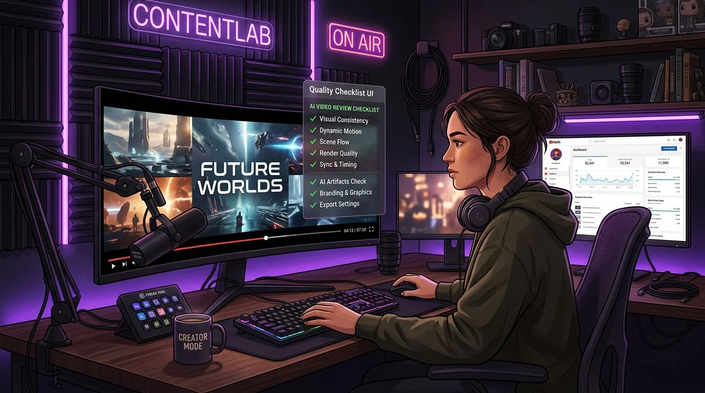 Content creator at a modern desk reviewing AI-generated video on a widescreen monitor with a quality checklist overlay