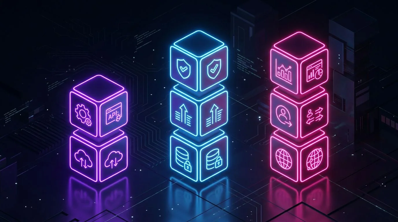 Three isometric tool stacks showing recommended YouTube automation combinations for Shorts, long-form, and scaling creators