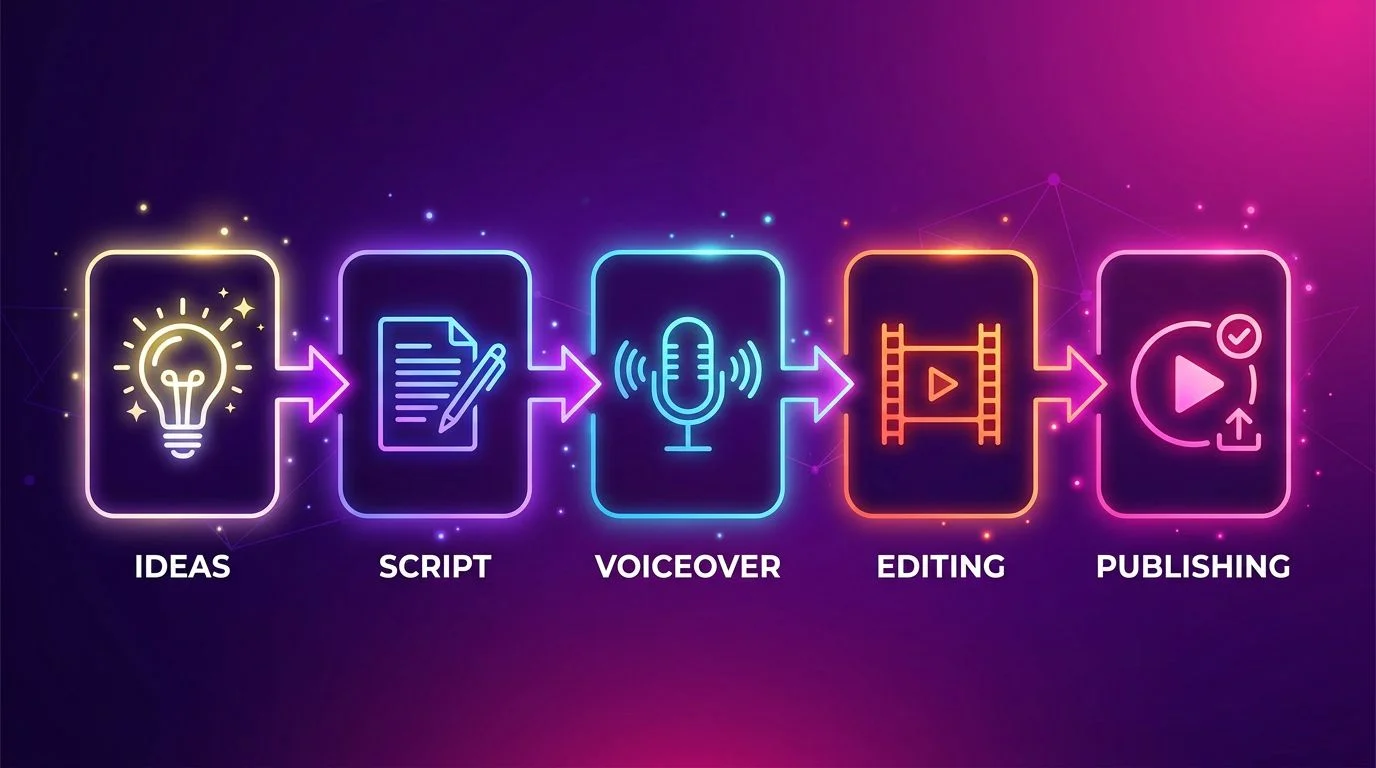 Horizontal pipeline flowchart showing five connected steps of automated video creation from idea to publishing