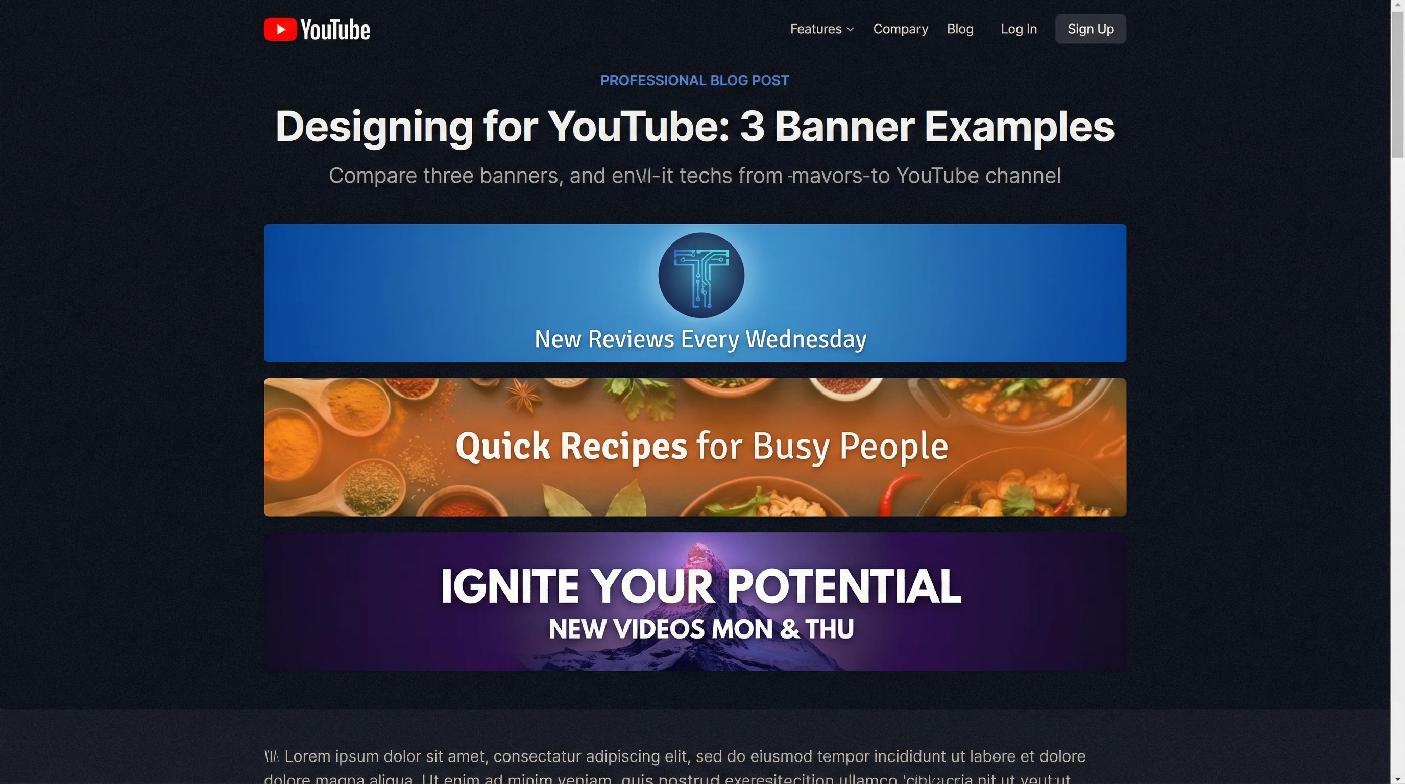 Three example YouTube channel banners showing good design practices: clean text in the safe zone, brand colors, upload schedule displayed, and matching niche aesthetics