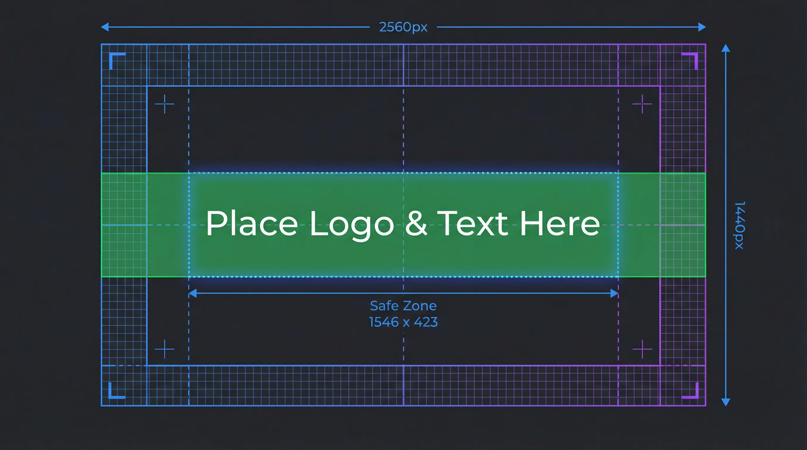 Downloadable YouTube banner template showing the 2560x1440 canvas with marked safe zone, text placement guidelines, and crop boundaries for TV, desktop, and mobile