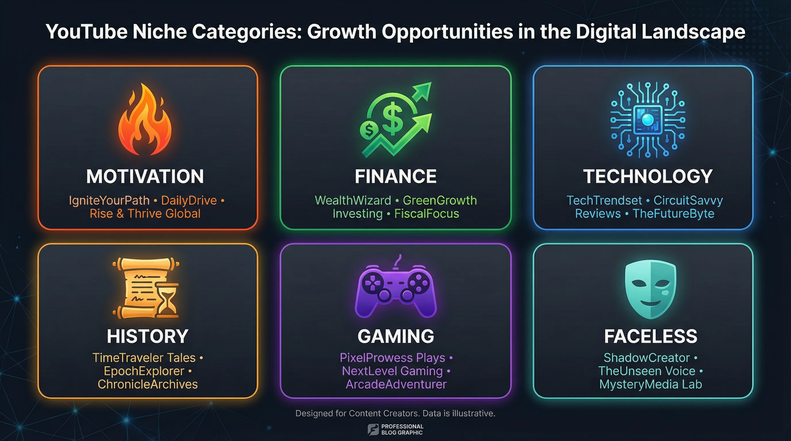 YouTube channel name ideas organized by niche including motivation finance technology history gaming and faceless