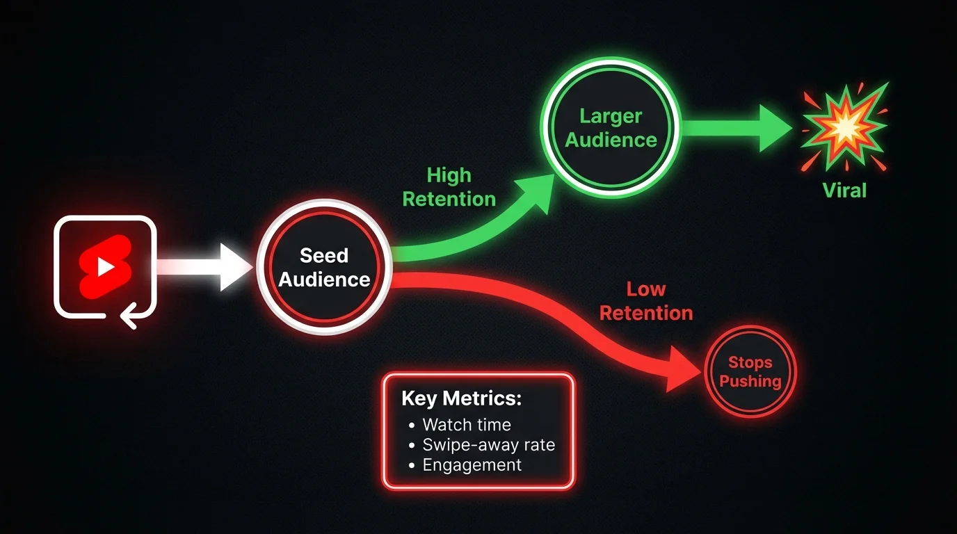 Diagram showing how YouTube Shorts algorithm evaluates each Short independently based on retention and engagement