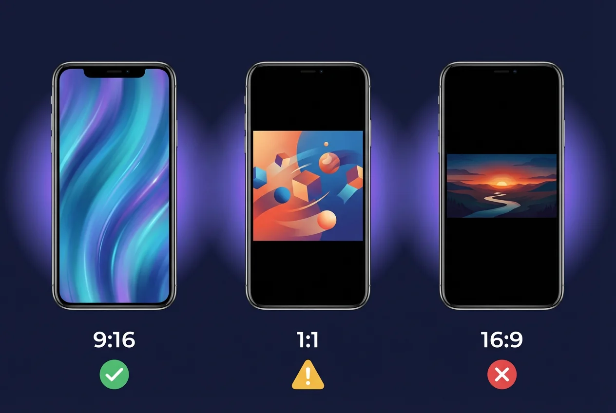 YouTube Shorts aspect ratios compared: 9:16 vertical fills screen, 1:1 square has black bars, 16:9 landscape is not classified as a Short