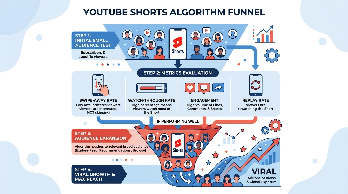 YouTube Shorts algorithm signals: swipe-away rate, watch-through, engagement, and replay metrics