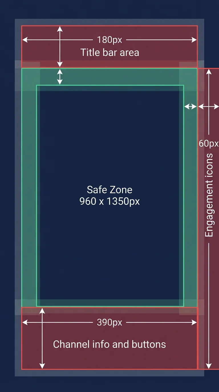 YouTube Shorts safe zone diagram showing top margin 180px, bottom margin 390px, and side margins 60px with safe area highlighted in center