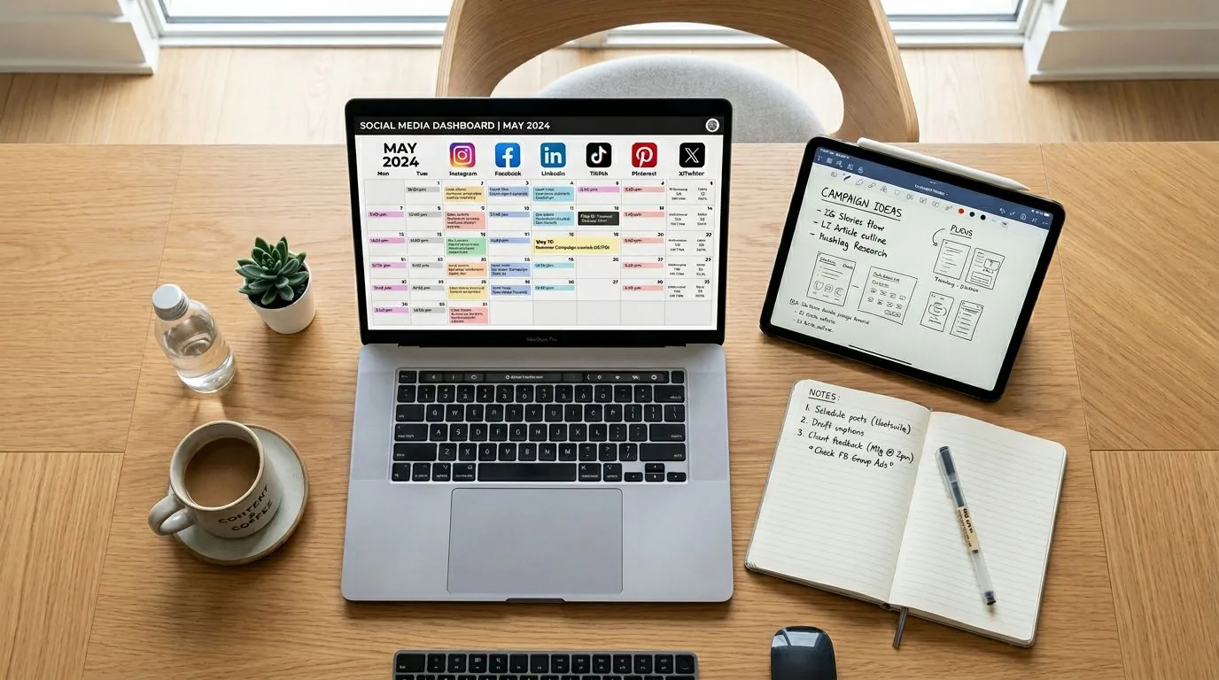 Social media scheduling dashboard showing YouTube Shorts alongside TikTok and Instagram content calendar