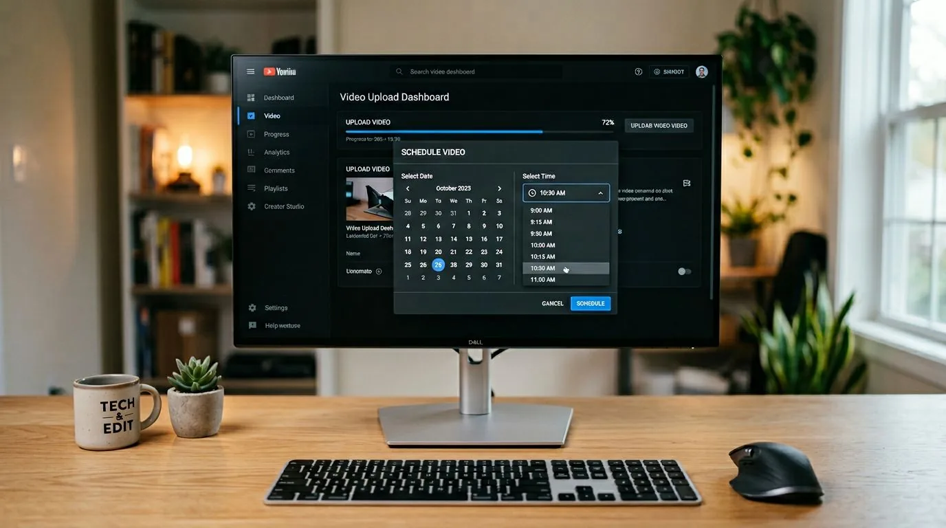 YouTube Studio desktop interface showing the video scheduling panel with date and time selectors
