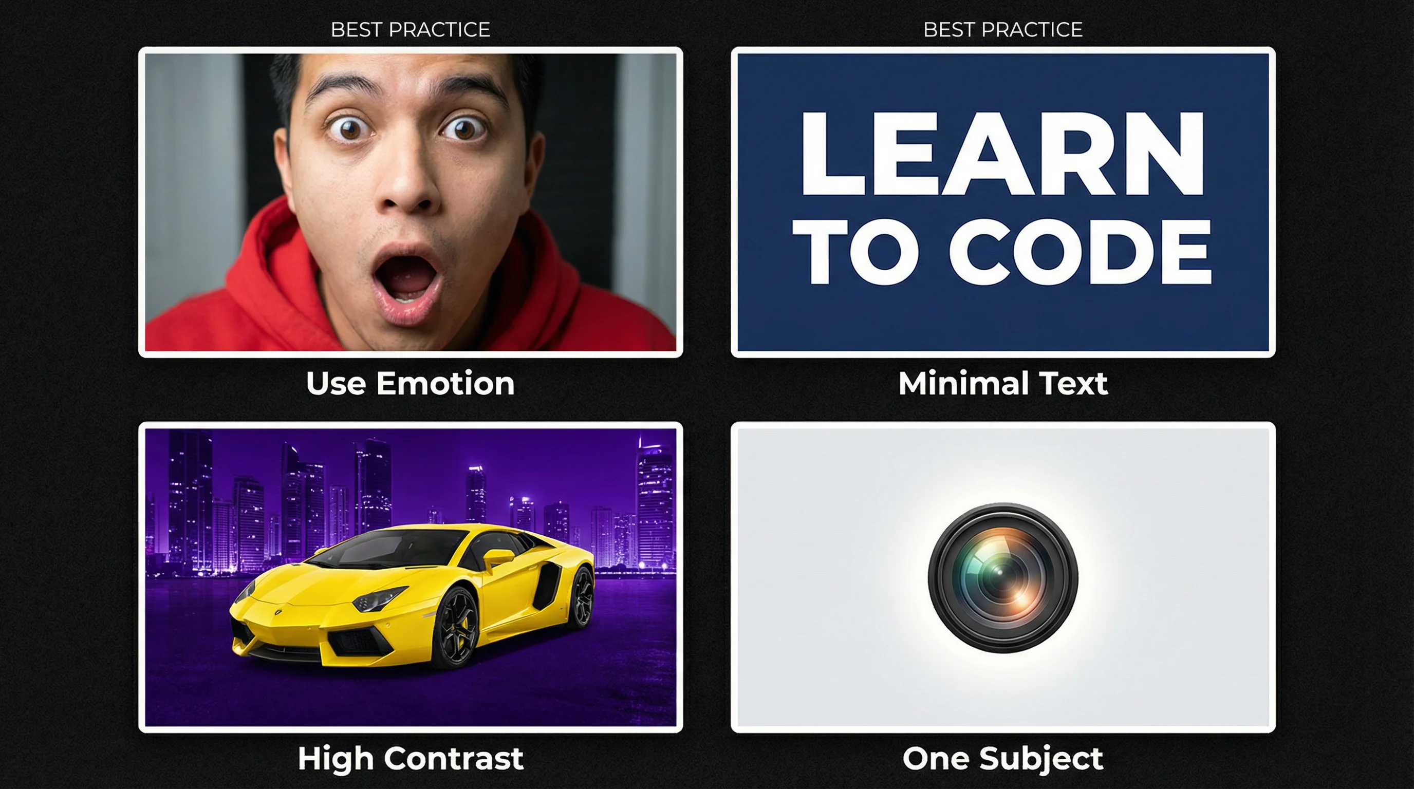 Four example thumbnails showing best practices: face with emotion, minimal bold text, high contrast colors, and clean single-subject composition
