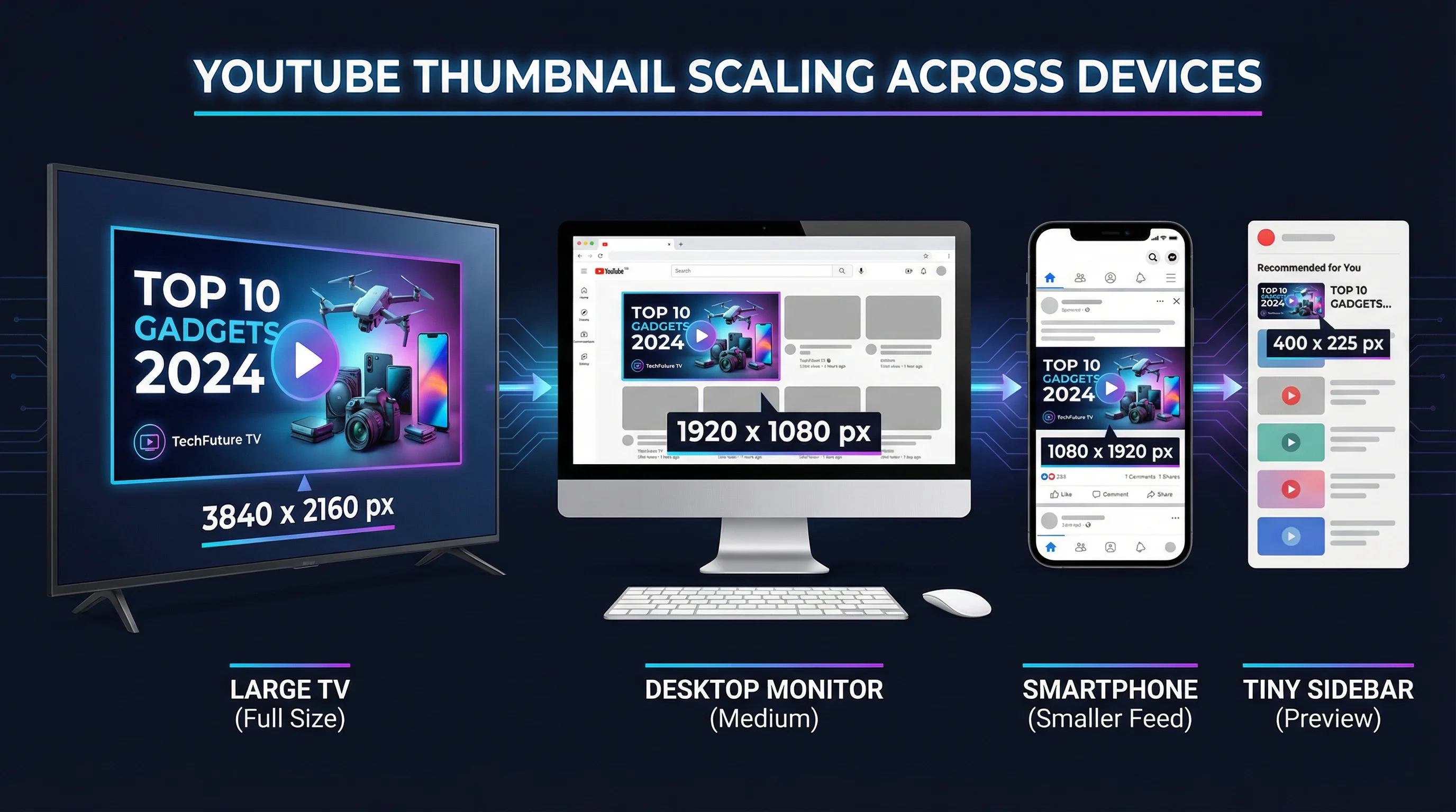 YouTube thumbnail displayed at different sizes across devices: desktop search, sidebar suggestion, mobile feed, and TV app, showing how the same thumbnail scales